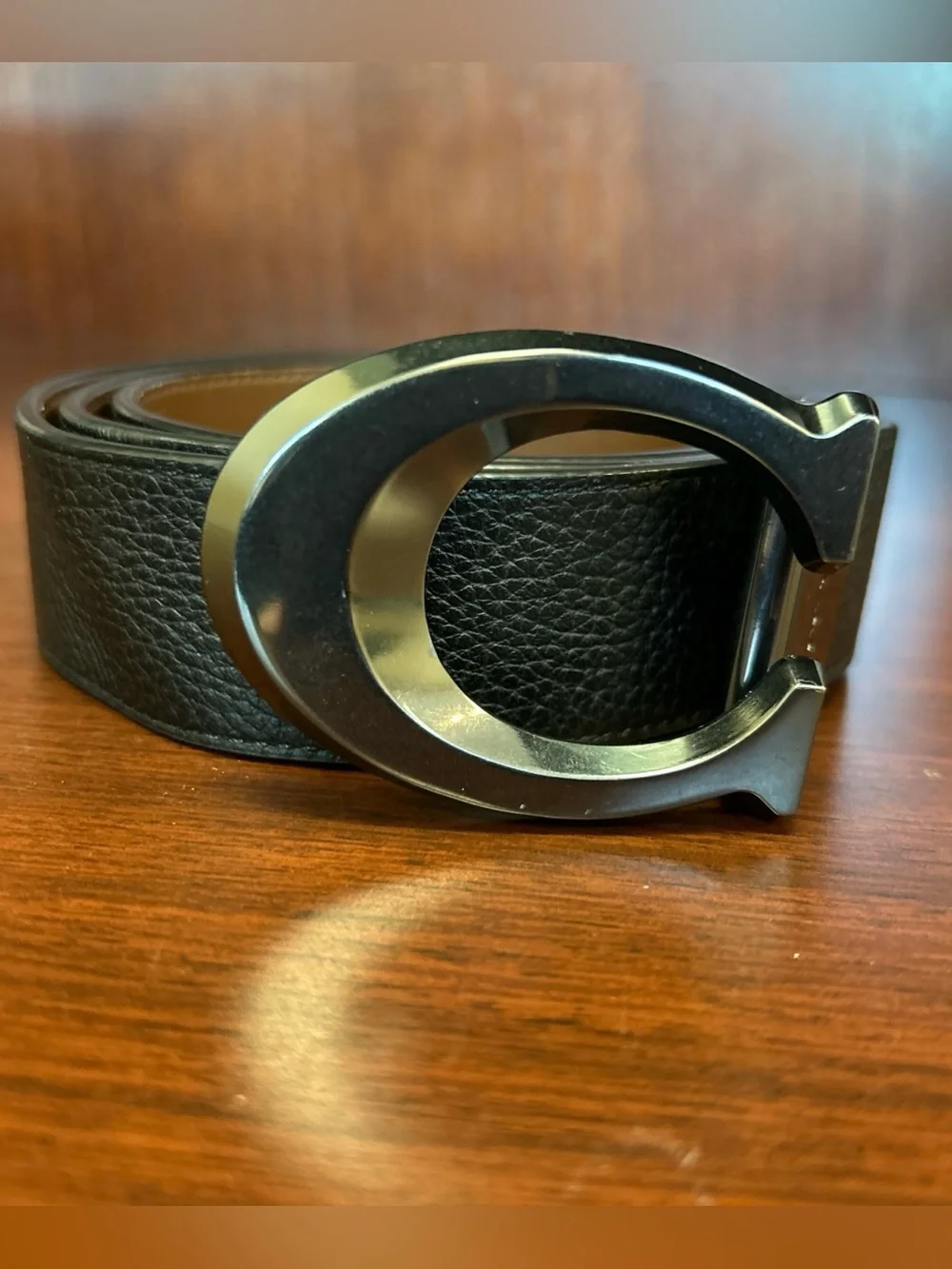 Coach Men's Black/Brown Leather Belt with Signature Gunmetal C Buckle NWOT